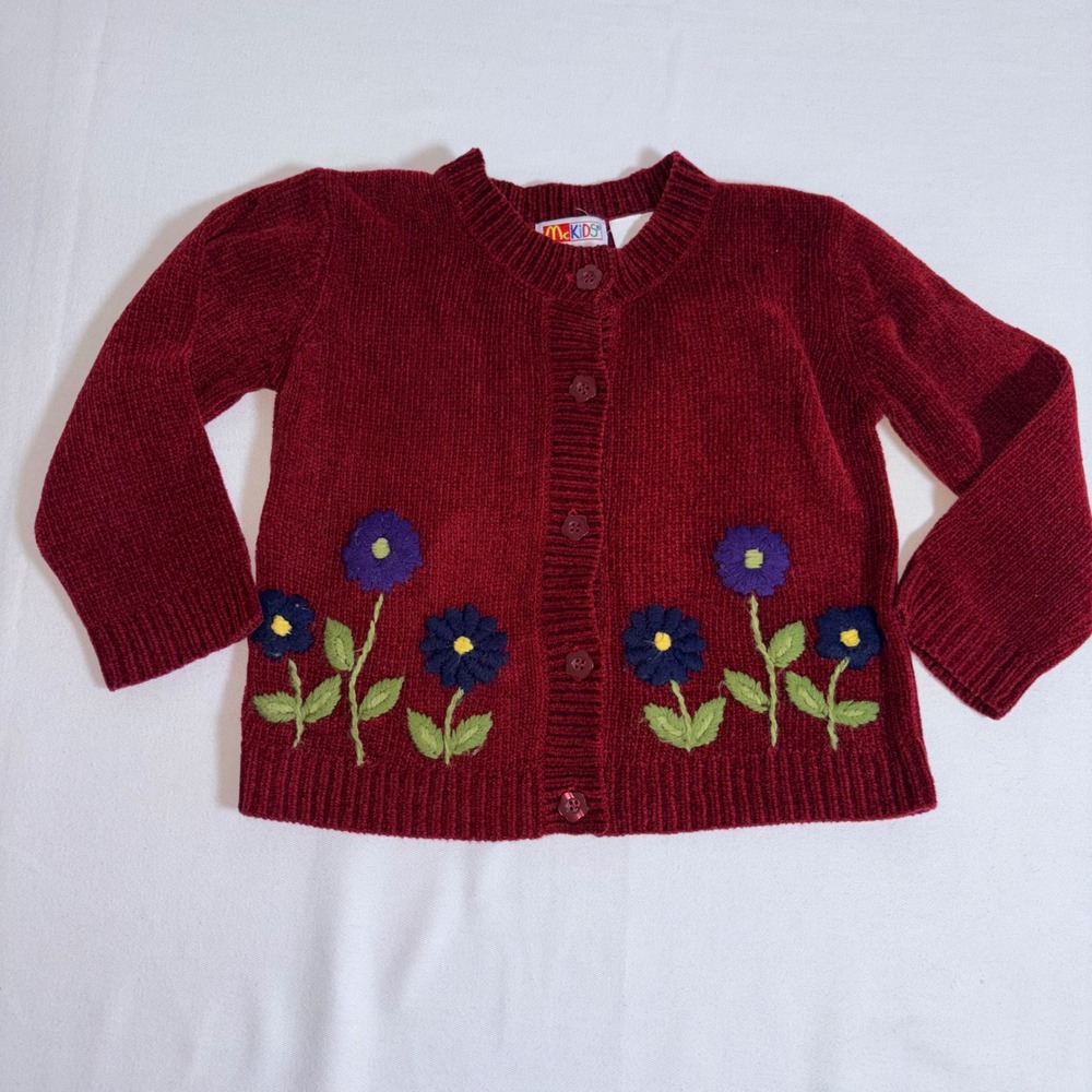 McKIDS Cardigan 3T Berry Red Excellent Floral Embroidered Chenille Knit Sweater